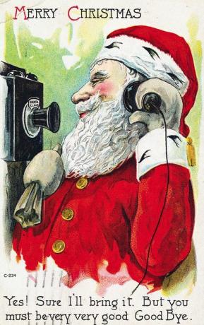 Cartão postal do Papai Noel usando telefone