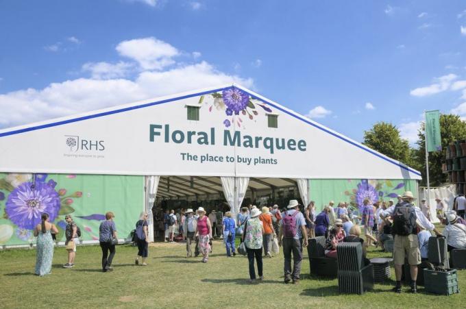 pessoas que visitam a enorme marquise floral no rhs hampton court palace garden festival anteriormente hampton court flower show