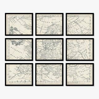 Conjunto de impressões vintage emolduradas do mapa da Europa