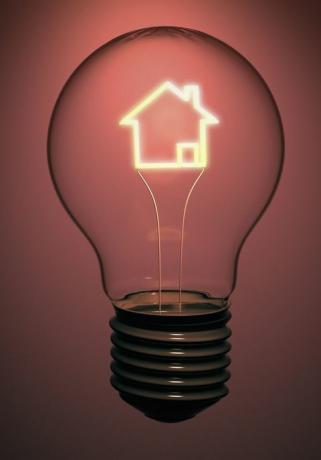 Uma única lâmpada da casa contém um incandescente em forma de casa, indicando problemas de energia, eletricidade e verde