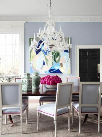 mesa de jantar, sala azul, cadeiras de jantar azuis