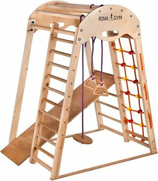 Equipamento de playground de madeira para crianças de 1 a 5 anos e maiores - rede de escalada, escada sueca, anéis de balanço, corrediça - estrutura de madeira segura - capacidade de 60 kg