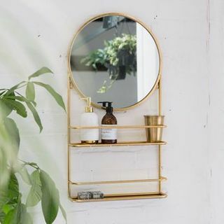 Espelho circular dourado ou prateado para banheiro com prateleiras