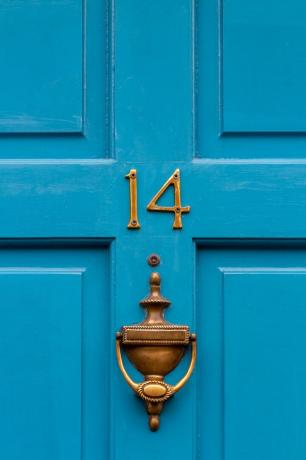 porta da frente azul com aldrava de latão