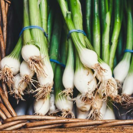 cebolinhas em uma cesta recém-colhidas em uma loja de legumes e verduras frescas em uma feira