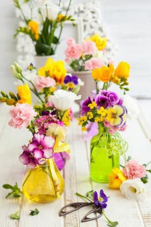 Lindas flores frescas em garrafas de vidro em cima da mesa de madeira