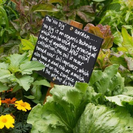 no dig organic garden sign em ryton organic garden, warwickshire, inglaterra