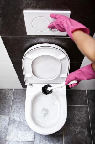 mulher limpando banheiro com escova de vaso sanitário