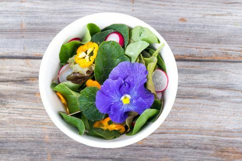 salada mista fresca com flor de rabanete e folhas de chagas