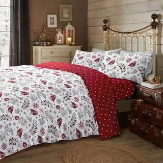 Conjunto de roupa de cama de algodão escovado Scandi Christmas Robin vermelho