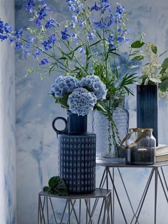 Pano de fundo, vaso e flores azuis índigo