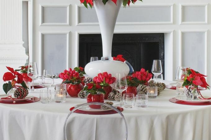 mesa de jantar decorada com poinsétias