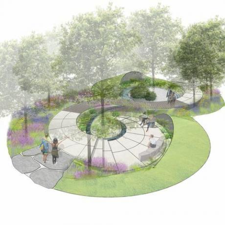 the cancer research uk legacy garden, show garden, projetado por tom simpson, patrocinado pela cancer research uk, rhs hampton court palace garden festival de 2021