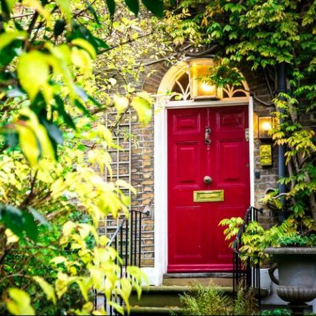 imagem colorida que descreve o exterior de um edifício em uma rua tradicional da cidade em hampstead, uma área nobre de londres, reino unido a casa tem uma porta vermelha bonita, paredes de tijolos vermelhos e a fachada é decorada com uma sala de arbusto verde exuberante para cópia espaço