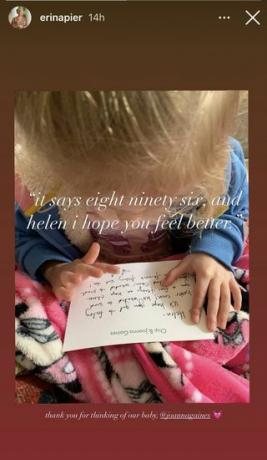 captura de tela da história de Erin Napier no Instagram de sua filha Helen lendo nota