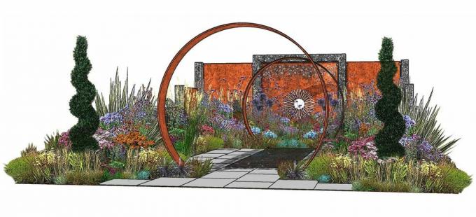 the sunburst garden, show garden, projetado por charlie bloom e simon webster, rhs hampton court palace garden festival 2022